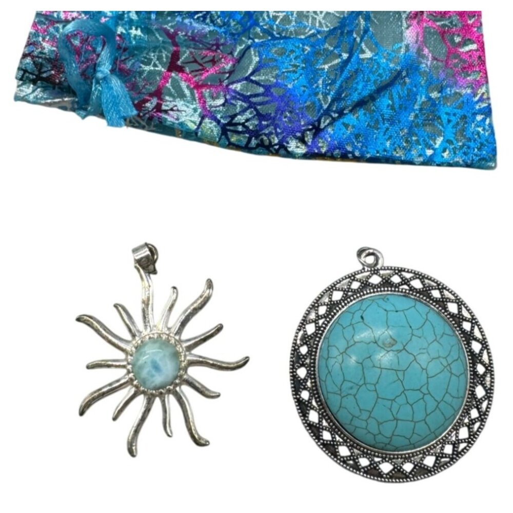 Turquoise & Silver color Sunburst And Mandala Pendant Set With Gift Pouch READ